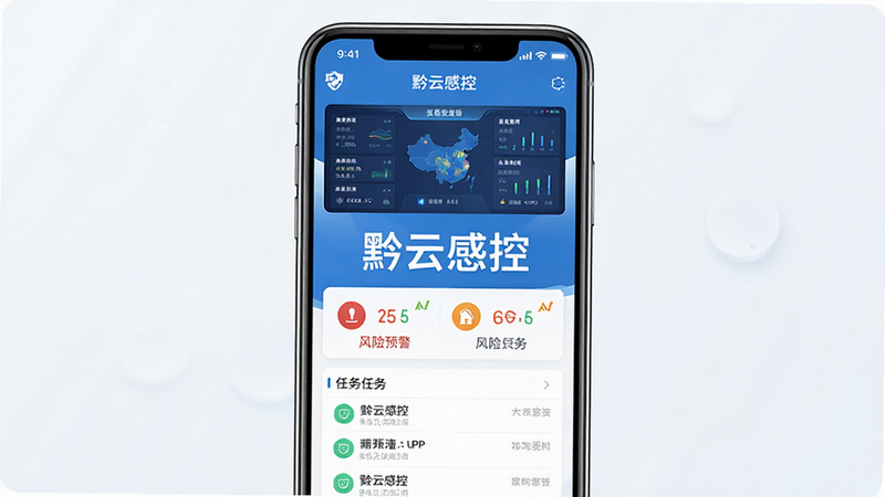 一张展示“黔云感控”APP手机界面的高清预览图,主体为智能手机屏幕,显示蓝色医疗风格主界面,布局整洁,包含数据仪表盘、风险预警图标和任务列表,排版清晰,风格现代简约,细节丰富,画质超清,干净无多余元素,屏幕中央有“黔云感控”文字