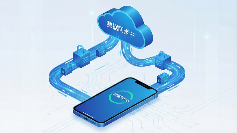 展示数据同步过程的示意图,主体为手机与云端服务器之间的数据流线条,布局为上下结构,手机在下方,云端在上方,线条呈现动态流动感,风格科技感蓝色调,细节展示数据包传输,画质清晰,干净无多余元素,屏幕上有“数据同步中”文字