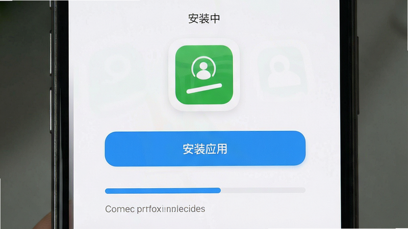 展示APP安装过程的手机界面,主体为手机屏幕上的“安装应用”按钮和进度条,布局居中,风格简洁,细节展示安装图标,画质清晰,干净无多余元素,屏幕上有“安装中”文字
