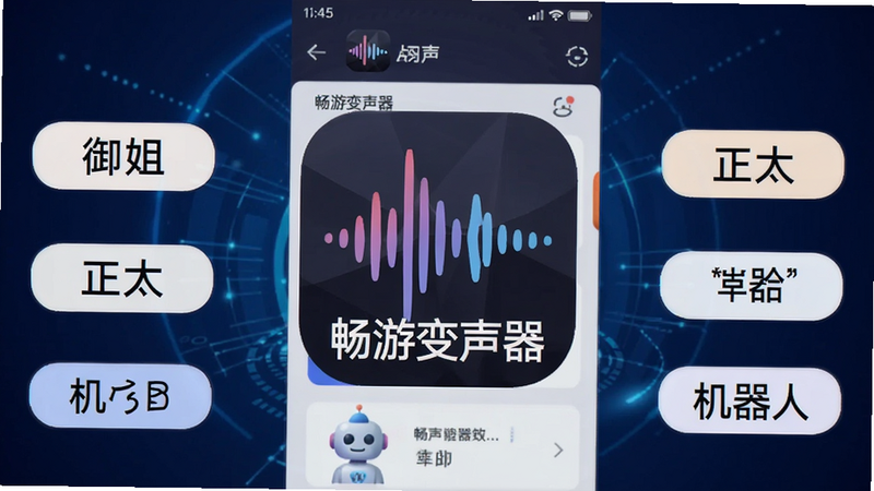 主体为畅游变声器安卓版应用图标及主界面截图,布局居中,背景为深蓝色渐变科技感风格,图标清晰显示变声波形图案,周围环绕多个不同声音效果的标签如“御姐”、“正太”、“机器人”,排版整洁有序,细节丰富,高清画质,干净无多余元素,文字包含“畅游变声器”