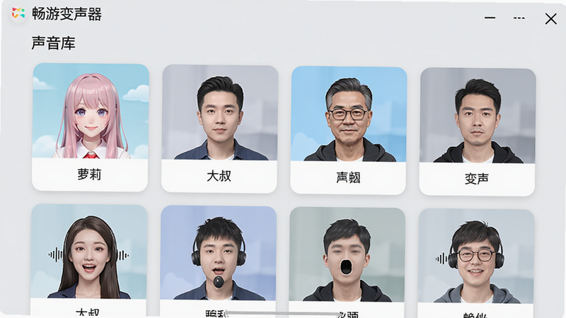 主体为畅游变声器声音选择列表界面,布局为网格状排列多个声音卡片,背景为浅灰色,每个卡片显示不同人物头像代表声音类型,风格清新简约,细节包含声音名称标签如“萝莉”、“大叔”,高清画质,干净无多余元素,文字包含“畅游变声器”、“声音库”