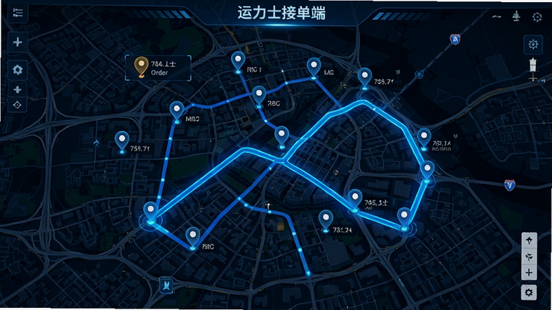 运力士接单端地图界面,显示多个订单标记点和推荐路线,蓝色高亮显示当前推荐路径,背景为城市地图,风格科技感,细节丰富,画质清晰,无多余元素