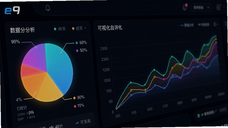 e9 应用内的数据仪表盘界面,显示多个彩色图表,包括饼图和折线图,背景为深色模式,图表线条鲜艳且清晰,界面布局紧凑有序,突出 '数据分析' 和 '可视化' 功能,科技感强,细节丰富,4k 分辨率