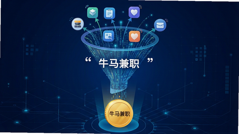 生成一张展示“智能匹配”概念的科技感插画,画面中心是一个由数据流构成的漏斗,上方输入各种任务图标,下方输出一个标有“牛马兼职”字样的金币,背景为深蓝色科技感网格,布局平衡,风格现代,细节丰富,高清画质,文字“牛马兼职”加引号