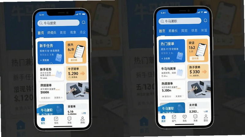 生成一张现代简约风格的手机应用界面预览图,主体为“牛马兼职”APP的主页面,布局清晰,顶部显示搜索栏和导航菜单,中间展示“新手任务”、“热门接单”等卡片式模块,底部为导航栏,配色采用科技蓝与白色为主,风格干净、无多余元素,高清画质,文字需清晰可见