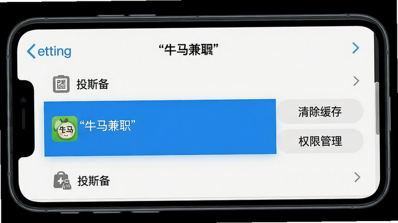 生成一张手机设置界面的示意图,显示“应用管理”列表,其中“牛马兼职”选项被高亮选中,右侧有“清除缓存”和“权限管理”按钮,背景为白色,风格扁平,布局整齐,高清画质,文字“牛马兼职”加引号