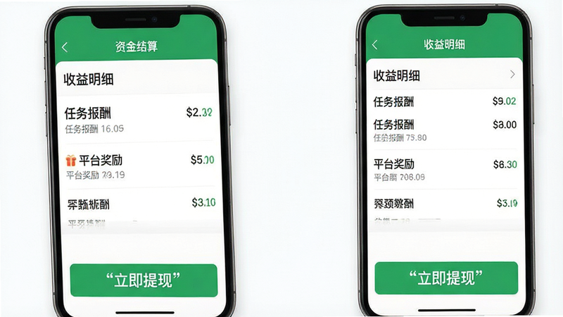生成一张展示“资金结算”的手机界面图,显示“收益明细”列表,包含“任务报酬”、“平台奖励”等条目,底部有一个醒目的“立即提现”按钮,配色为绿色与白色,风格简洁,布局清晰,高清画质,文字“立即提现”加引号