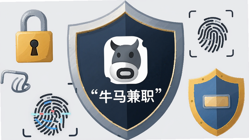生成一张象征“安全保护”的盾牌图标插画,盾牌中心是“牛马兼职”的Logo,周围环绕着锁、指纹识别、盾牌等安全元素,背景为浅灰色,布局紧凑,风格扁平化,细节精致,高清画质,文字“牛马兼职”加引号