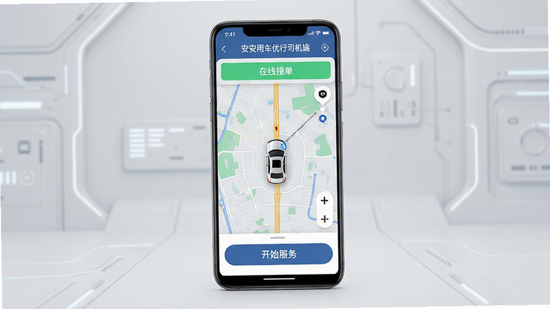����Ϊһ������չʾ�İ�׿�����ֻ�����Ļ������ʾ�������ó�����˾���ˡ�APP���棬�����С����߽ӵ���״̬�����в�Ϊʵʱ��ͼ�복��ͼ�꣬�ײ��С���ʼ���񡱴�ť������Ϊ����ǳ��ɫ�Ƽ��磬���岼���������Ű����룬����ִ�����ϸ�ڴ��ɼ��߾��ȵ�ͼ���������ʳ��壬�ɾ��޶���Ԫ��