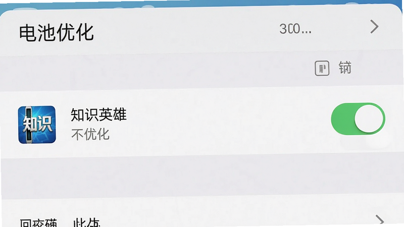 主体为一个手机设置界面截图,显示“电池优化”选项,其中“知识英雄”被设置为“不优化”,布局清晰,排版整齐,风格系统原生UI,细节包含开关按钮状态,画质清晰,干净,无多余元素