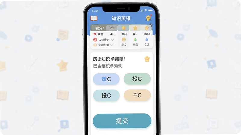 主体为一部现代智能手机,屏幕显示“知识英雄”App界面,布局清晰,顶部有积分排行榜,中间为一道关于历史知识的单选题,选项按钮设计圆润,底部有“提交”大按钮,风格扁平化简约,细节包含微小的知识图标装饰,画质高清,干净,无多余元素