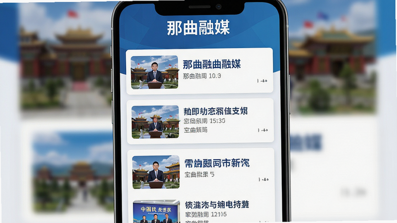 展示新闻列表界面,卡片式布局,每条新闻配有缩略图和标题,色彩以蓝色和白色为主,体现专业与信任感。屏幕上方显示“那曲融媒”字样,背景虚化处理,突出界面清晰度。风格扁平化设计,细节精致,画质清晰,无杂乱元素。