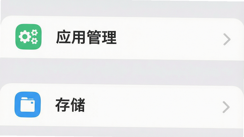 手机设置界面示意图,显示“应用管理”和“存储”选项,界面简洁,图标清晰。背景为浅灰色,突出设置项。风格扁平化,细节明确,画质清晰,无杂乱元素。