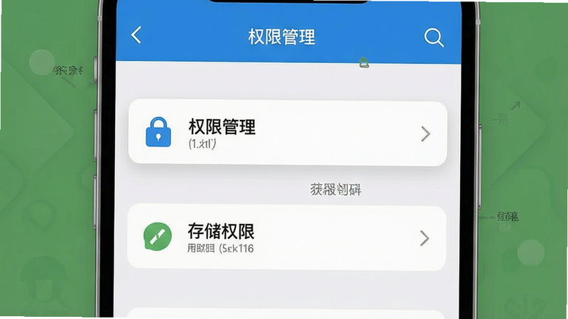 一张展示手机设置界面的示意图,重点突出“权限管理”和“存储权限”的选项,界面风格扁平化,图标清晰,文字明确,布局合理,高清,干净