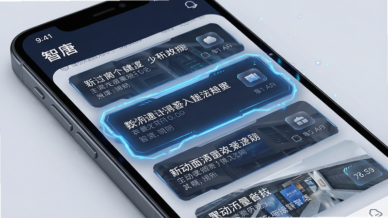 一张展示“智唐”APP信息聚合界面的特写图,手机屏幕显示信息流列表,重点突出几条高亮显示的新闻卡片,布局清晰,排版紧凑,风格科技感强,细节丰富,画质清晰,干净