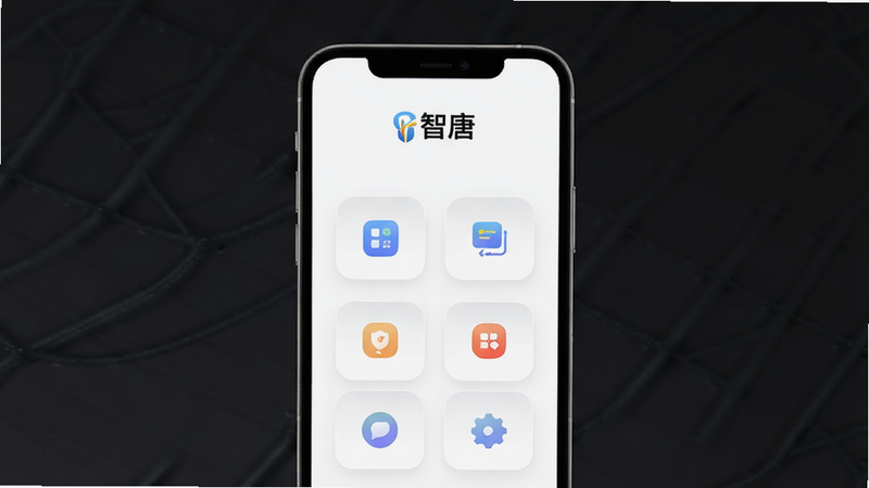 一张展示“智唐”APP整体界面的概念图,主体为手机屏幕,显示简洁的白色背景主页,顶部有“智唐”Logo,中间排列着几个圆角矩形的功能图标,布局整洁对称,风格现代简约,细节清晰,高清,无多余元素