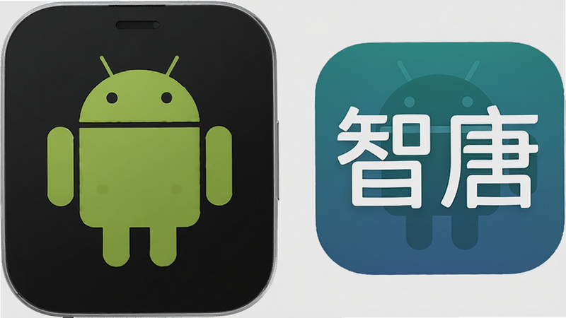 一张展示安卓手机图标与“智唐”APP图标并排显示的插画,背景为浅灰色,风格简洁现代,体现兼容性,细节精致,高清,无多余装饰