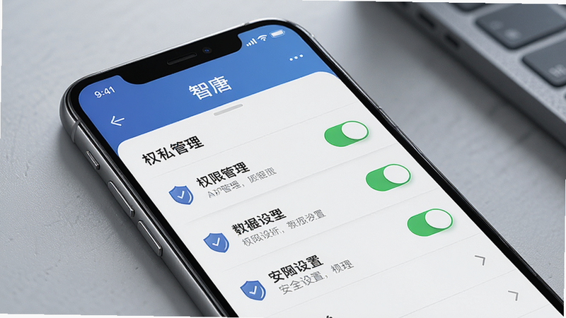 一张展示“智唐”APP隐私设置界面的示意图,手机屏幕显示权限管理列表,带有盾牌图标的开关处于开启状态,布局严谨,风格安全稳重,细节精致,高清,无杂乱元素