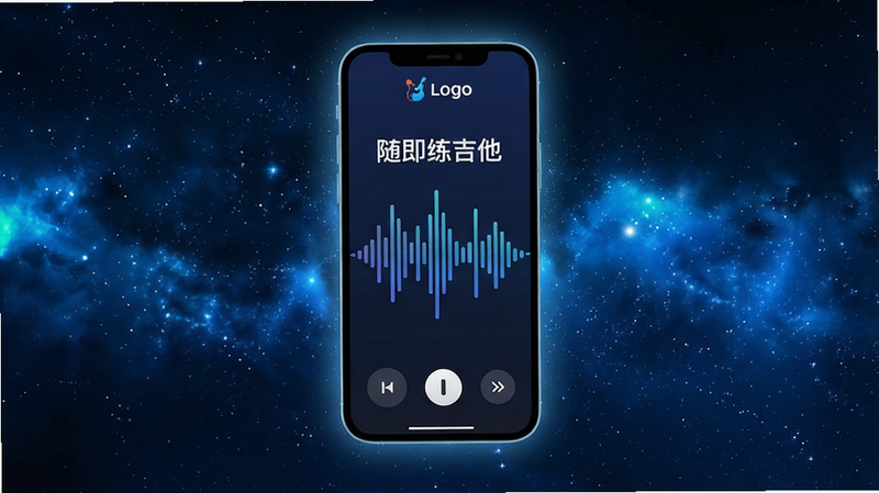 主体为一个悬浮在虚空中且带有微光效果的智能手机屏幕,屏幕中央显示着“随即练吉他”的应用界面,界面设计简洁现代,背景是深蓝色的星空渐变,布局清晰,顶部有品牌Logo,中间是巨大的节奏波形图,底部是简单的控制按钮,风格为科技感UI设计,细节丰富,画质高清,干净无多余元素,文字“随即练吉他”清晰可见
