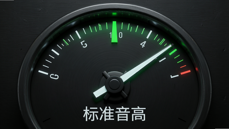 主体是一个模拟指针式调音表的特写,背景为深色金属质感,布局居中,指针指向正中央的绿色区域,排版对称严谨,风格为工业设计风,细节处有细微的刻度线和发光效果,画质清晰,干净利落,文字“标准音高”以白色字体显示在指针下方