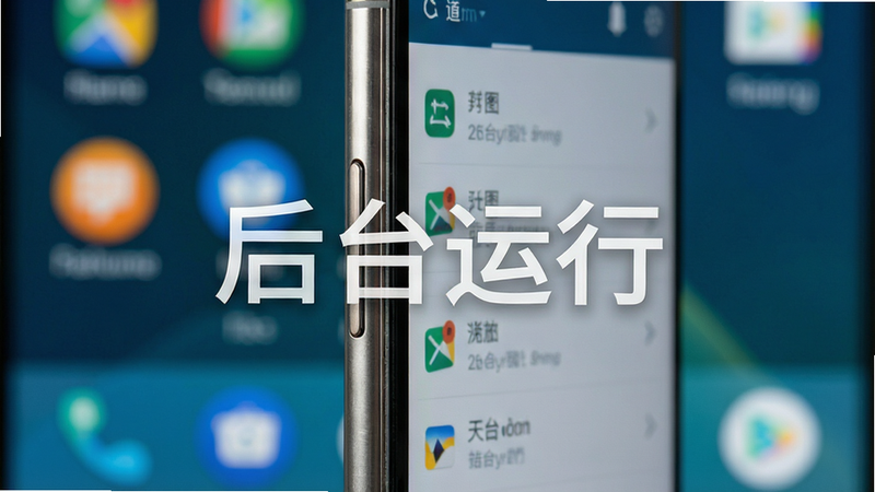 主体是一部安卓手机的侧面特写,屏幕显示着正在运行的应用列表,背景为模糊的桌面图标,布局垂直排列,风格为写实摄影风,细节处可见手机边框的金属光泽,画质逼真,干净简洁,文字“后台运行”以半透明白色字体悬浮在屏幕中央
