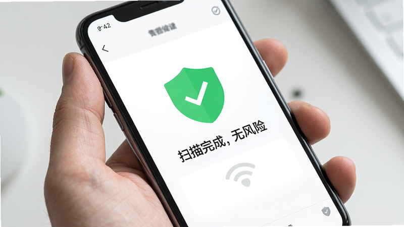 手机安全扫描界面,显示“扫描完成,无风险”,图标为绿色盾牌,背景为白色,简洁明了,高清,安全认证风格