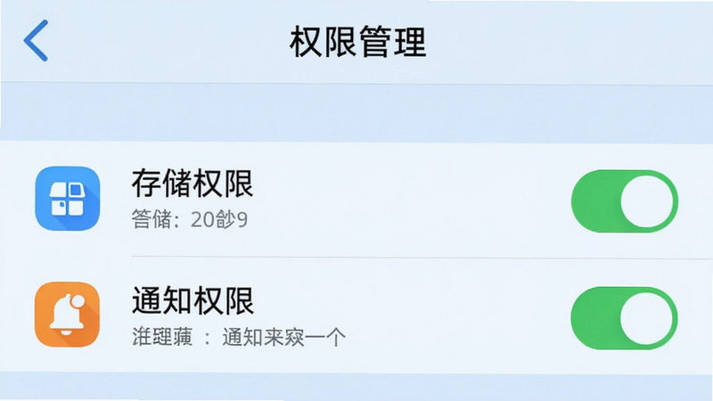 手机设置界面,显示“权限管理”页面,其中“存储权限”和“通知权限”均处于开启状态,背景为浅蓝色,图标清晰,高清,操作指引风格