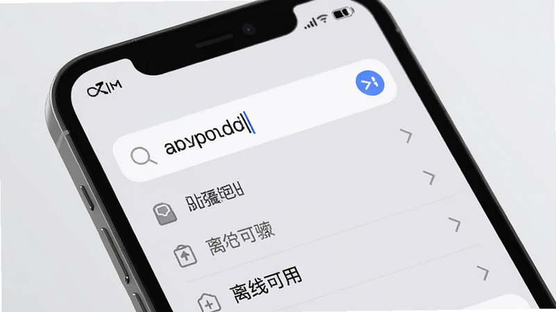 手机离线状态下的APP界面,顶部显示无网络图标,但搜索框中输入了部分字母,下方迅速列出匹配结果,界面流畅,背景为浅灰色,突出“离线可用”的便捷感,高清,简洁设计