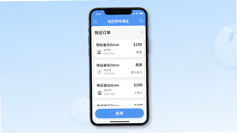 主体展示“栈匠帮师傅版”安卓APP的手机界面,背景为浅蓝色渐变。屏幕中央显示“附近订单”列表,包含地址、距离和预计收入,底部有醒目的“接单”按钮。布局清晰,UI风格现代简约,扁平化设计,细节处有微阴影,高清画质,无多余水印