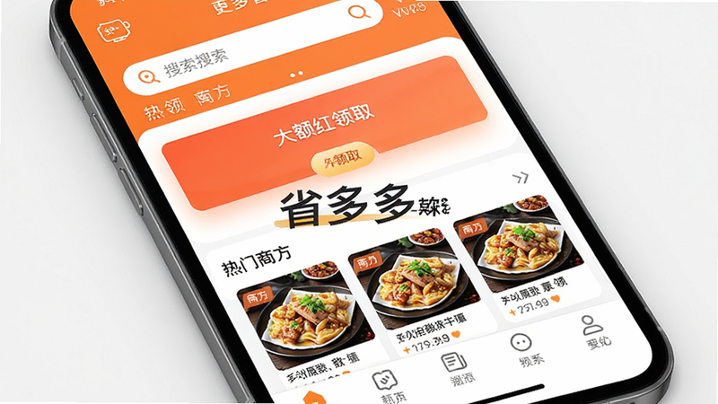 手机屏幕展示外卖订餐省多多APP首页,界面清新简约,主色调为橙色和白色,顶部显示搜索栏和定位信息,中部突出显示大额红包领取按钮和热门商家列表,底部导航栏清晰可见,画面中心有软件名称文字,高清写实风格,无多余元素