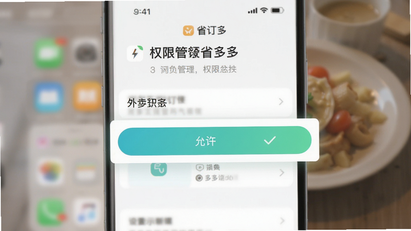手机设置界面示意图,展示外卖订餐省多多在权限管理中的设置状态,高亮显示“允许”按钮,背景模糊处理以突出设置项,界面简洁明了,色彩柔和,无其他干扰元素