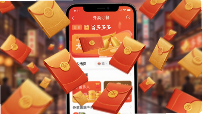 动态效果静态化展示,外卖订餐省多多APP界面中,大量金色和红色的红包从屏幕上方落下,背景虚化以突出前景的红包,色彩喜庆热烈,光影效果逼真,体现热闹氛围,无杂乱背景