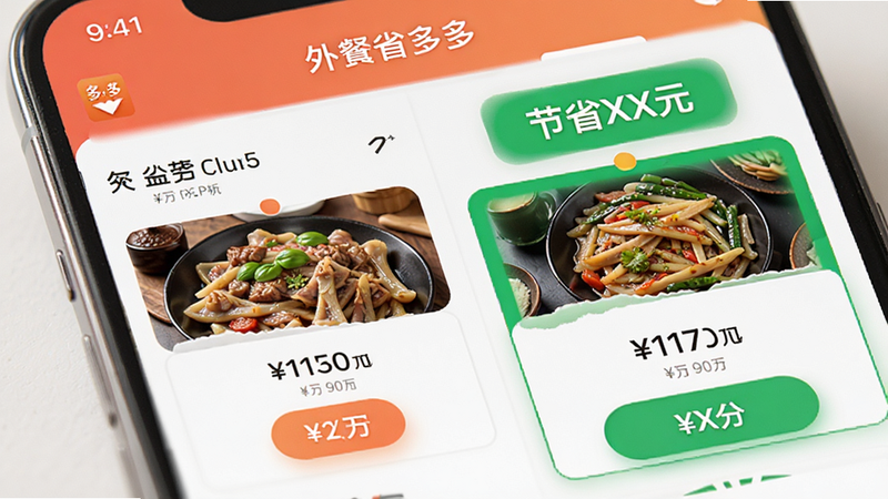 手机界面特写,显示外卖订餐省多多的比价功能页面,左右分屏展示两个不同平台的价格对比,右侧价格更低且被绿色高亮标记,上方有“节省XX元”的醒目提示,界面清晰,按钮圆润,光影柔和,高分辨率