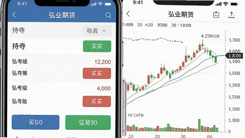 主体为手机端弘业期货APP交易页面,布局左侧为持仓列表,右侧为K线走势图,排版紧凑有序,风格专业严谨,细节展示买卖按钮与价格数字,画质清晰,干净无杂乱,文字内容包含“弘业期货”
