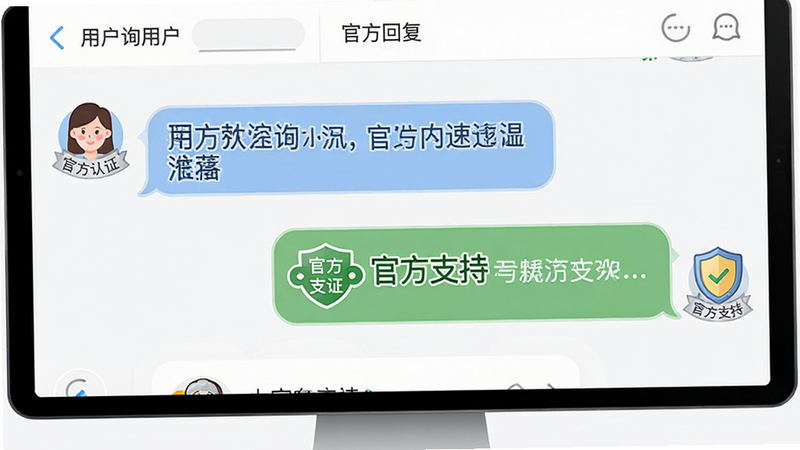 主体为企业客服对话界面,显示用户询问与官方回复气泡,布局上下排列,风格简洁友好,细节处有官方认证标识,画质高清,干净,无其他干扰元素,文字“官方支持”清晰可见