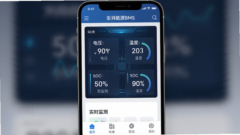 主体为手机屏幕界面,显示“澎湃能源BMS”应用首页,布局清晰分为顶部状态栏、中部实时数据仪表盘(包含电压、温度、SOC百分比)、底部功能导航栏,排版采用扁平化设计,风格科技感强,细节处有蓝色光效点缀,画质高清,干净无多余元素,文字“实时监测”清晰可见