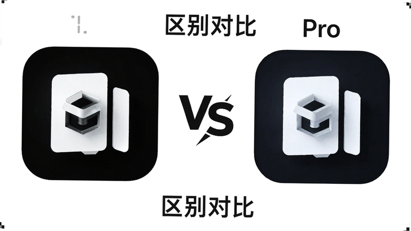 生成一张对比示意图,左边是标准版图标,右边是Pro版图标,中间有“VS”字样,背景为白色,简洁明了,文字“区别对比”