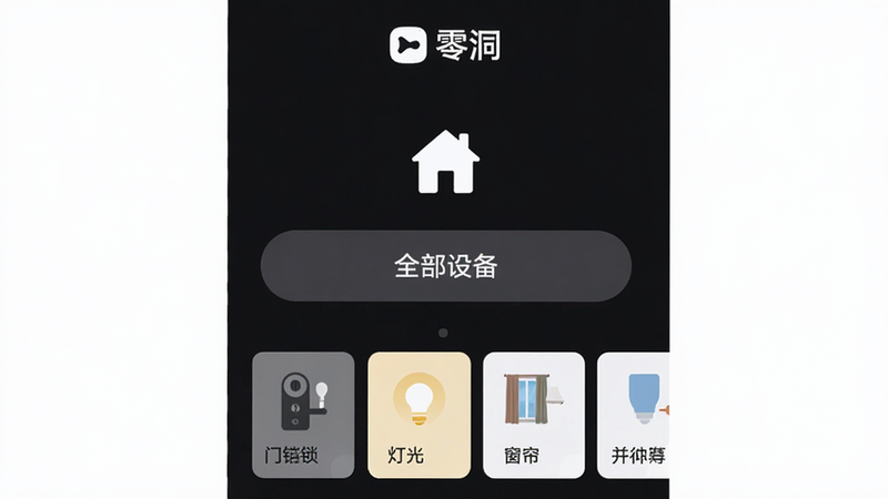 展示零洞App主界面,深色模式背景,顶部显示“零洞”Logo,中间是房屋图标和“全部设备”大按钮,下方排列着门锁、灯光、窗帘等设备卡片,UI风格现代简约,扁平化设计,高清矢量图,白色背景,无多余装饰,干净利落