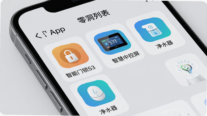 手机屏幕特写,显示零洞App的设备列表页面,清晰可见“智能门锁S3”、“智慧中控屏”、“净水器”等图标,界面整洁,字体清晰,背景为浅灰色,突出科技感,高清渲染,无杂乱元素