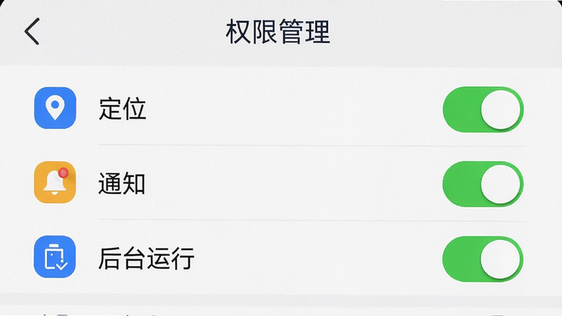 手机设置界面截图,显示“权限管理”页面,其中“定位”、“通知”、“后台运行”权限开关处于开启状态,图标清晰,色调明亮,体现安全与设置细节,高清图片,无水印,简洁布局