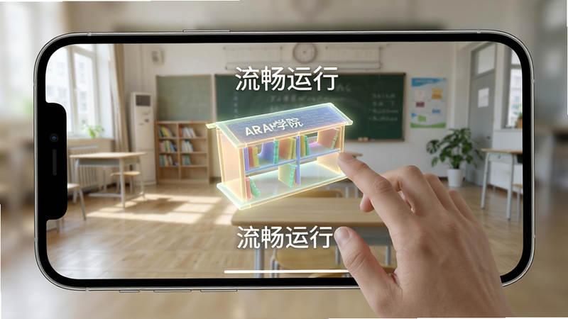 主体为AR学院软件在手机上的运行效果,布局为全屏AR视野,中心悬浮一个发光的教学模型,排版无UI遮挡,风格明亮自然,细节展示手部操作动作与模型光影互动,画质逼真,干净,无多余元素,文字“流畅运行”