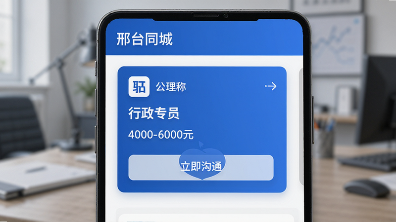 “邢台同城”招聘模块界面,显示一个职位卡片,包含公司名称、职位头衔“行政专员”、薪资范围“4000-6000元”,下方有“立即沟通”按钮,界面设计专业,蓝色主色调,高清,UI设计展示