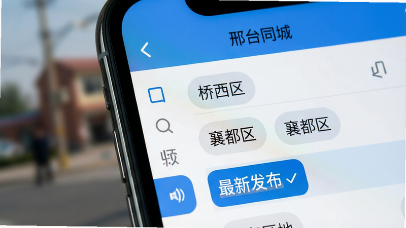 手机屏幕特写,展示“邢台同城”的信息列表页,左侧有筛选栏,右侧列表显示“桥西区”、“襄都区”等地名标签,字体清晰,界面整洁,蓝色高亮显示“最新发布”,背景模糊处理,突出前景文字,高清,写实风格