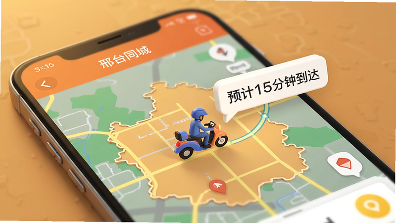 “邢台同城”应用内的配送订单追踪界面,地图上显示一个骑手图标正在移动,旁边有气泡显示“预计15分钟到达”,背景是邢台市的地图轮廓,色调温暖,细节丰富,高清,3D渲染风格