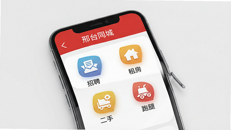 一张展示“邢台同城”手机应用主界面的高质量渲染图,主体为手机屏幕,显示应用首页,顶部有红色导航栏写着“邢台同城”,下方是网格状的功能图标,包括“招聘”、“租房”、“二手”、“跑腿”,背景为干净的浅灰色,风格现代简约,高清,无多余元素