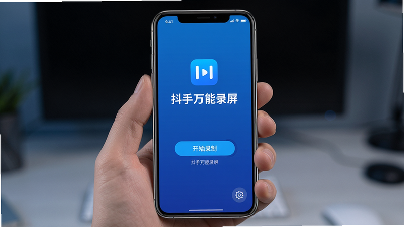 主体为手机屏幕界面,显示“抖手万能录屏”应用启动页,布局简洁现代,排版居中,风格科技感蓝色调,细节包含开始录制按钮和设置图标,画质高清,干净,无多余元素,文字