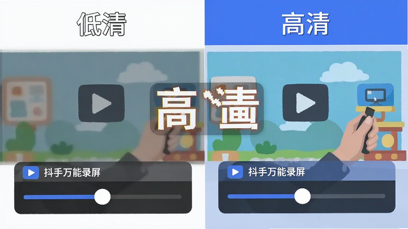 主体为视频画质对比示意图,布局左右分栏,左侧标“低清”,右侧标“高清”,风格扁平化设计,细节展示“抖手万能录屏”标识及画质调节滑块,画质清晰,干净,无多余元素,文字