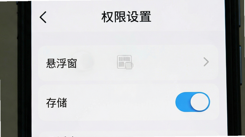 主体为手机设置权限界面截图,布局垂直列表,风格简洁UI设计,细节高亮“悬浮窗”和“存储”权限开关,画质清晰,干净,无多余元素,文字