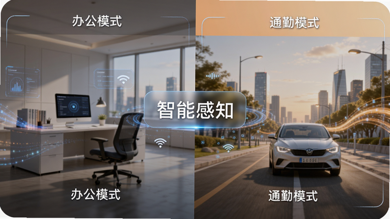 主体为简宇APP的智能场景切换演示,左侧显示“办公模式”,右侧显示“通勤模式”,布局左右分割,风格科技感与温馨感结合,细节处有光线流动效果象征数据流转,画质清晰,干净背景,文字“智能感知”悬浮在中间