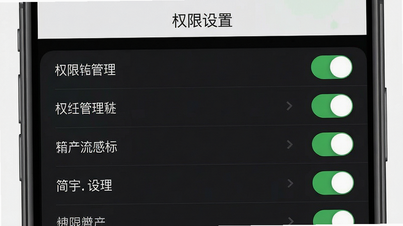 主体为简宇APP的设置界面,显示权限管理列表,布局为垂直列表形式,风格简洁清晰,细节处有开关按钮状态展示,画质清晰,干净背景,文字“权限设置”在顶部